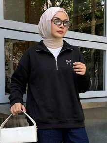 Livesso 女士蝴蝶印花半拉链休闲长袖运动衫、长袖上衣、秋季女装 - 黑色 - 查看 4