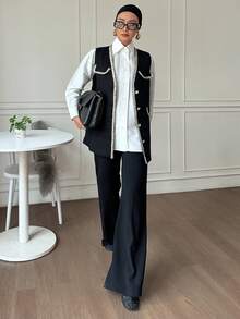 Livesso Women's Business Casual Knitted Sleeveless Jacket With Strap Patchwork,Fall Clothes Vest - Black - View 3