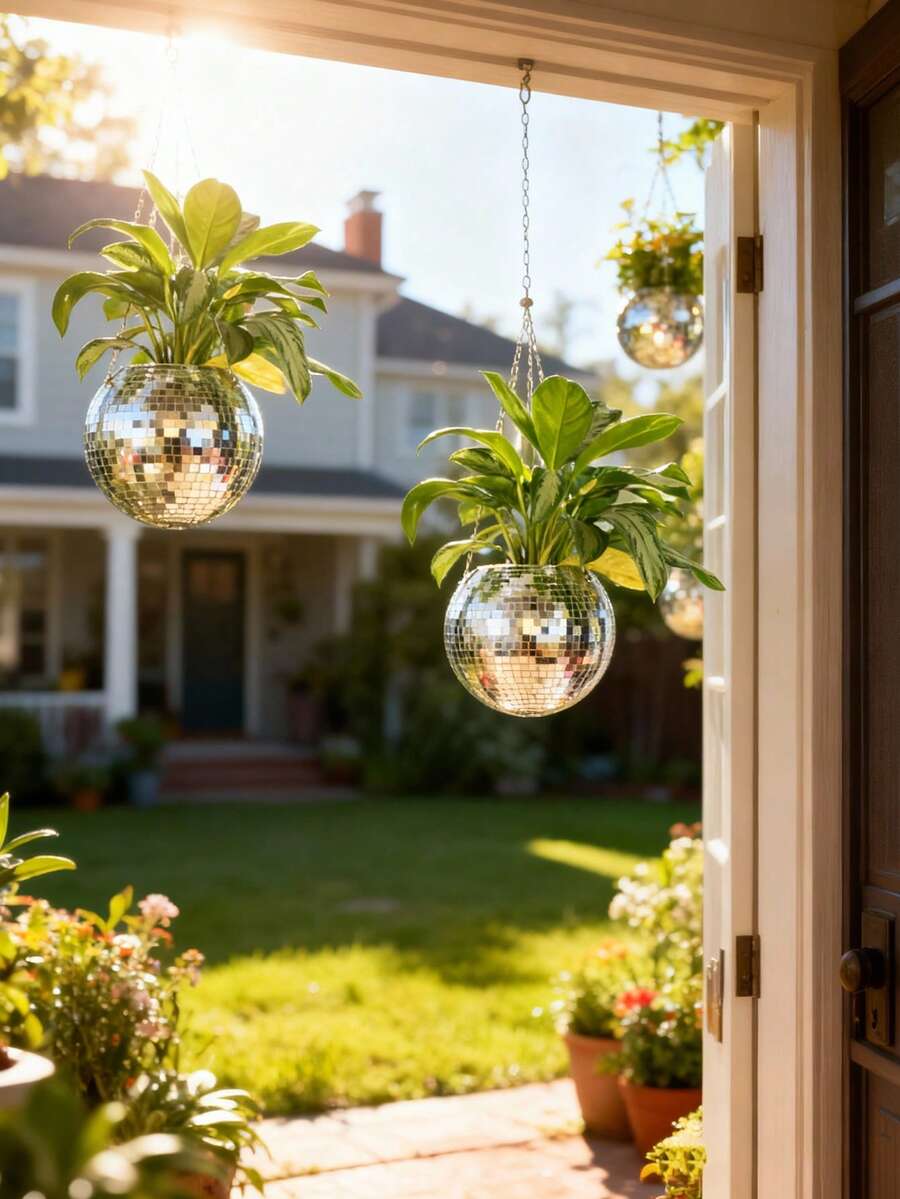 1 chậu cây treo hình cầu tráng gương, trang trí kiểu quả cầu disco cho vườn, sân, ngoài trời. - A - Xem 1