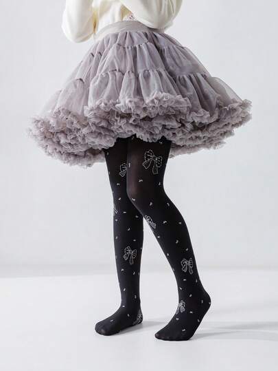 1双女童/幼儿/儿童碎花银色蝴蝶结舞蹈袜，时尚个性化亲肤细腻连裤袜，可爱百搭轻薄透气黑色长袜，适合外出、休闲活动、学校演出、派对等场合。