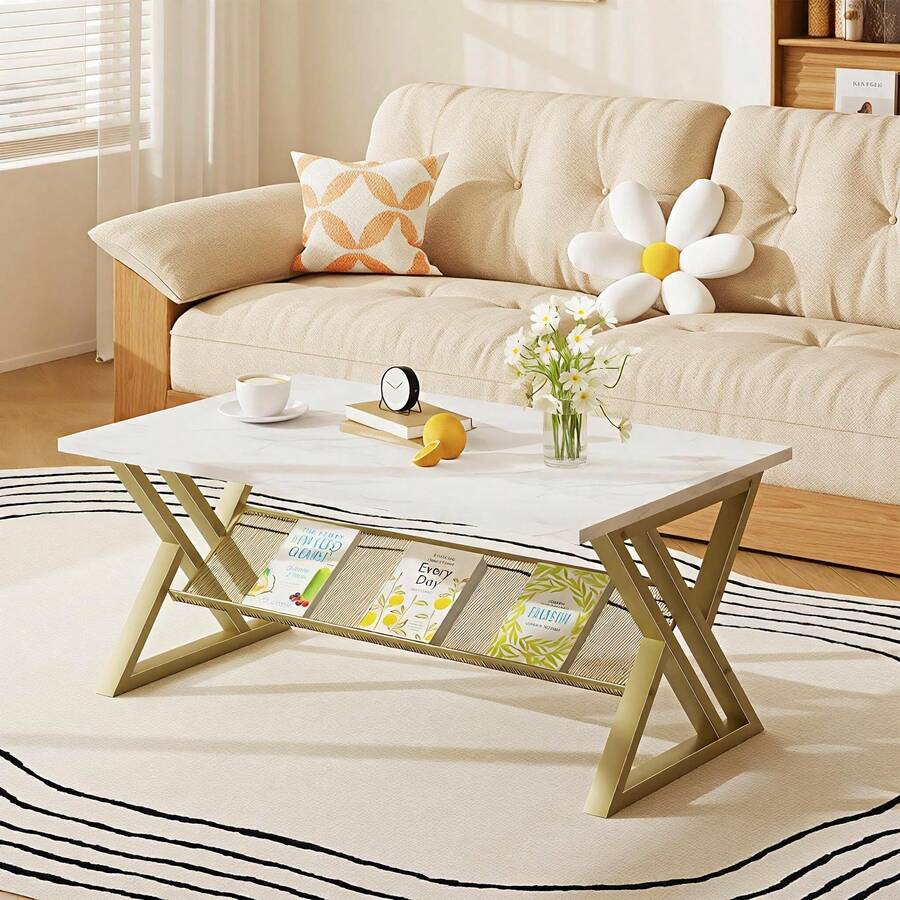 Coffee Table Living Room Table Black Center Table Modern Faux Marble Rectangular Tea Table With Sturdy Black-Finished Metal Frame,Industrial Wooden Coffee Table For Bedroom Home Office - Vàng - Xem 1