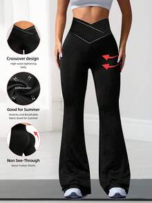 Quần ống loe cạp chéo dành cho nữ, quần legging co giãn cao, quần ống rộng thoải mái tập yoga, quần thể thao thường ngày. - màu đen - Xem 2