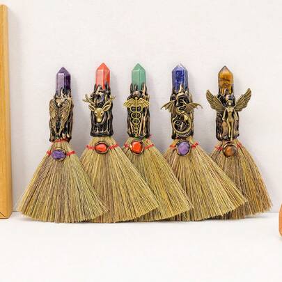 1件天然石英女巫扫帚灵气宝石，用于净化、疗愈、风水 - 独特的万圣节礼物，水晶尖晶魔法扫帚，春季花园装饰