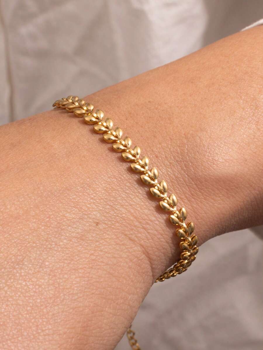 1pc Women's Stainless Steel Wheat Ear Tassel Bracelet, Waterproof Beach Vacation Accessory, Daily Gift (Wheat Ear Bead Quantity Random, No Gift Box) - Yellow Gold - View 1