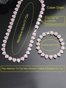 2pcs Set Attractive Light Pink Heart Shaped Cuban Link Necklace & Bracelet Set, Unisex, Hip Hop Style, Luxury Jewelry Set, Great Gift For Valentine's Day, Birthday, Christmas - Heart Shape - View 6