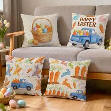 4pcs Easter Themed Pastoral Rabbit, Egg, Carrot, Small Car Illustration Cushion Cover, Single-Sided Printed Pillow Case, Suitable For Living Room, Bedroom, Home Decor, All Seasons - Pillow Insert Not Included - Multicolor 03 - View 10