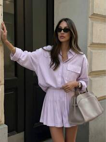 Women's 2-Piece Elegant Set: Spring/Summer Versatile Casual High-Waist Pleated Shorts + Striped Long Sleeve Shirt, New Arrival Fresh Purple Striped Outfit, Suitable For Work, Hangout, Travel, Campus, Fashion Blogger Same Style, Chic And Slimming - Mauve Purple - View 6