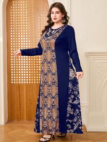 DEARCASE Gaun Wanita Ukuran Besar Motif Bunga Leher Lubang Kunci Lengan Panjang Gaya Arab Elegan untuk Liburan - Navy Blue - View 3