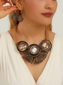 1 Set Handmade Multilayer Bohemian European & Middle Eastern Style Artificial Crystal Necklace & Earrings, Elegant For Party, Vacation - Coffee Brown - View 3