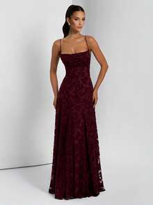 Women's Floral Embroidery Ruched Elegant Waist Formal Party Evening Gown Dress - Burgundy - View 1