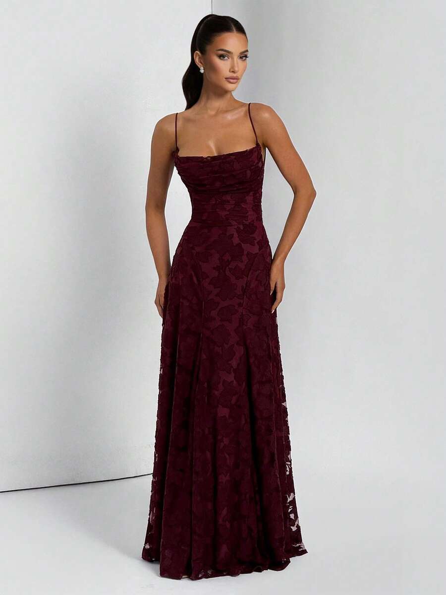 Women's Floral Embroidery Ruched Elegant Waist Formal Party Evening Gown Dress - Burgundy - View 1