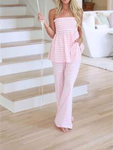 Women's Casual And Comfortable Suit For Spring And Summer, Featuring A Striped, Off-The-Shoulder Bandeau Top And Matching Trousers; A Stylish And Casual Outfit. - 粉色 - 查看 1