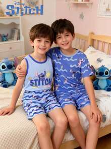 Disney 4pcs Tween Boys Stitch & Lilo Summer Wave Print Short Sleeve T-Shirt, Tank Top And Shorts Set, Comfortable & Cute For Children, Suitable For Indoor & Outdoor Casual Wear In Summer - Blue - View 6