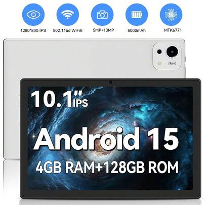 Qetupa 10.1-Inch A29 Android 15 Tablet PC, MTK 6771 Quad-Core 2.0GHz Processor, 4GB RAM, 128GB ROM, 1280*800 IPS Touchscreen, 5MP+13MP Dual Cameras, 6000mAh Battery, 802.11ac 5G WiFi And Bluetooth 5.2, No SIM Card Support, Suitable For Reading And Gaming. Lightweight And Durable Design With Reinforced Glass, Enjoy Entertainment Anytime Anywhere.