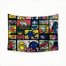 1pc Bedroom Decor Keith Haring Colorful Cartoon Figures Grid Pattern Tapestry, Decorative Wall Hanging Tapestry For Bedroom, Lotus Spiritual Tapestry, Beach Mat, College Dorm Home Decor Hanging Cloth Gifts Birthday Graduation - 1PC - 查看 2