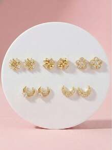 10pcs Set Cute Delicate Gold Plated Copper Cubic Zirconia Four-Leaf Flower Five-Leaf Flower Moon Stud Earrings Jewelry Set, Daily & Holiday Earrings Accessories - Gold - View 3