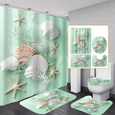 1 Set/4 Pcs Ocean Theme Bathroom Decor Set, Bathroom Curtains, Shell Pattern, Polyester Blended, Machine Washable, Non-Woven Fabric, With Hooks, Suitable For Home And Hotel