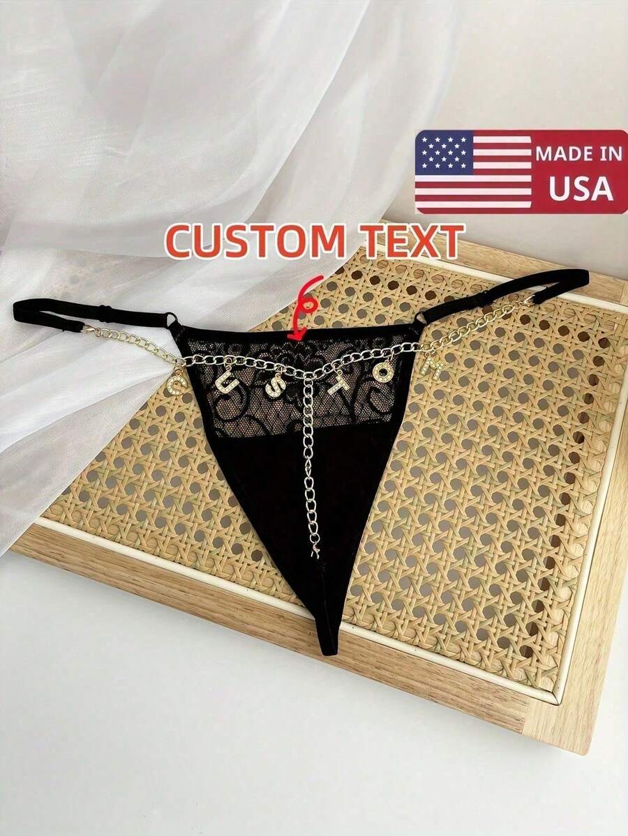 Customized Thongs Name,Women G-String Panties Crystal Letters Sexy Waist Chain Personalized Custom Name T-Back Tanga Underwear Beach Pool Bikini ,For Wife Girlfriend Birthday Gift Valentine's Day Christmas Gift,Adjustable Waist Circumference-1PC - màu đen - Xem 1