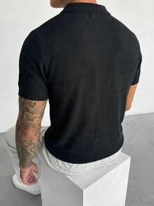 GRDR Men's Loose Thin Ribbed Polo Collar Short Sleeve Knit Sweater, Summer - Black - View 3