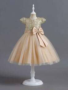 Flower Girl Dress Princess Style Girls Champagne Cap Sleeve Gold Lace Bodice Sparkly Star Tulle Gown With Big Bow Back For Wedding Birthday Party Pageant Bridesmaid Formal Occasion - Rượu sâm banh - Xem 4