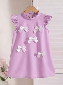 Girls' Casual Solid Color Bow Decor Stand Collar A-Line Knee-Length Dress With Back Keyhole Design, Spring/Summer - Purple - View 2