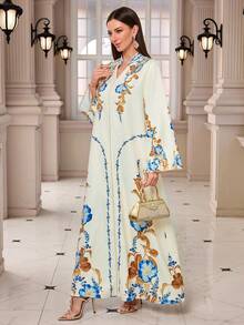 优雅穆斯林印花长裙，金色滚边，长袖立领长袍 - 米白色 - 查看 3