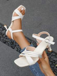Square Toe Chunky Heel Sandals, Suitable For Teenage Girls Daily Wear, Featuring Criss-Cross And Ankle Straps - White - View 4