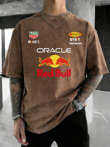 Oracle  Team High-Quality T-Shirt, Men's And Women's T-Shirts, 230G Washed Cotton High-Quality Pure Cotton Printed T-Shirt, Men's Clothing, Street Retro And Outdoor Sports Leisure,  Team Fan Essential T-Shirt, Daily Wear T-Shirt Items, Street Racing Clothing, Y2K Retro Vintage Style Clothing, F1 Racing Enthusiasts Essential T-Shirt, Gift For Friends, Men's Ideal Gift, Men's Valentine's Day Gift - 咖啡色 - 查看 1