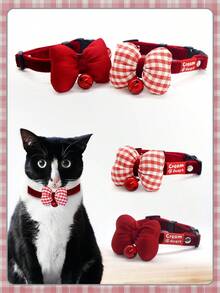 Classic Checkered Pattern Cat Collar With Red Bell, Equipped With Detachable Bow Decoration, Adjustable Size. This Checkered Cat Collar Is Suitable For All Kinds Of Cats And Comes In Red Color. - Multicolor - View 1