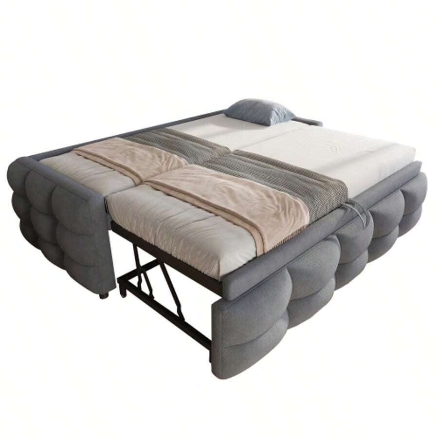 Upholstered Bed, Extendable Sofa Bed 90/180*190cm, Puff Bed, Teddy Velvet Fabric, Single Bed, Double Bed, With Slatted Frame, Multifunctional Bed, (Without Mattress) - Grey - View 1