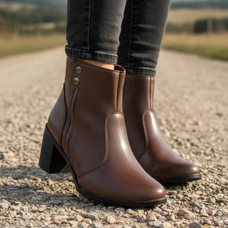 Women's Ankle Boot With Chunky Heel, Soft, Comfortable, Winter New Arrival - Rust Brown - View 1