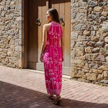 Vestido Largo Asimétrico para Mujer con Escote en V y Cintura Ajustada, Corte Fluido Elegante para Playa y Verano - Rosa Fucsia - Ver 2