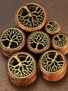 1对时尚复古波西米亚风耳扩，天然木质镂空镶嵌生命之树耳塞，男女通用穿刺饰品，适合日常、派对、节日佩戴 - 生命樹 - 查看 8