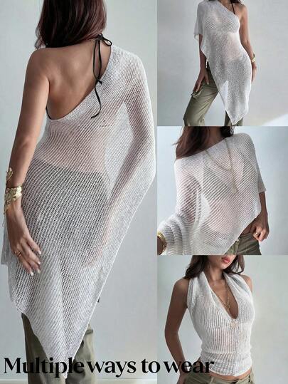 Chal con hilo dorado y diseño calado sexy tipo halter GLOpass, versátil prenda de punto para cubrir, adecuado para la playa, vacaciones y fiestas