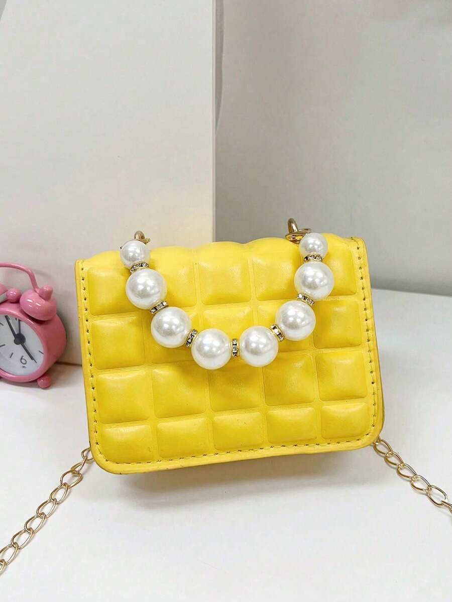 1pc Mini Girl Crinkle Plaid PU Flap Simple Versatile Pearl Handbag Shoulder Bag, Suitable For Daily Use - Yellow - View 1