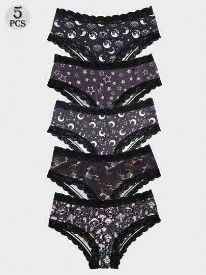  Set di 5 mutandine da donna Dircho con stampe mistiche, motivi di stelle, lune, cervi scheletrici, funghi e occhi, con bordi in pizzo nero, in tessuto morbido e toni scuri, per un comfort quotidiano e uno stile casual affascinante