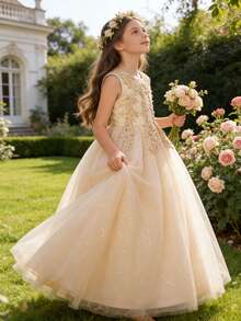 Tween Girl Blommig Applikationsklänning Med Rosett Baktill I Mesh Överlägg Festklänning - Champagne - Visa 2