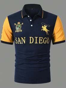 1pc Navy Blue Short Sleeve Men's Fashionable Printed Polo Shirt - Royal Blue - View 3