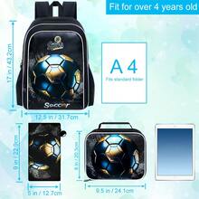 3件套足球书包，男童款，17英寸儿童足球背包带午餐盒，中小学生书包 - Blackgold Football - 黑色 - 查看 3
