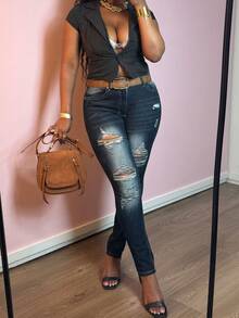 Women's Tight Jeans With Elastic Tearing Holes And Slanted Pockets, Casual Tight And Sexy Slim Fit Jeans - 深色水洗藍 - 查看 9