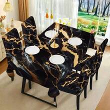 1/4/5/6/7/36pcs Minimalist Black & Gold Marble Pattern Chair Cover/Seat Cushion Set, Suitable For Indoor Home, Dining Room, Hotel, Ideal For Modern Daily Decor. Tablecloth Fits Square Dining Table, Elastic Chair Covers Are Washable. - Multicolor - View 2