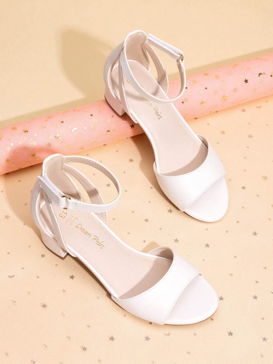 Girls Chunky Low Heel Sandals Fashion Open Toe Wedding Party Dress Shoes With Adjustable Hook Loop - 白色 - 查看 1