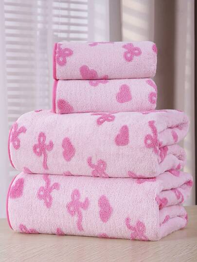 3/2/1pc Jacquard Heart & Bow Bathroom Towel, Coral Fleece Absorbent Soft Fiber Bath Towel, Princess Home Decor Beach Towel, Suitable For Bathroom, Hotel, Gym, Travel, Gift, Salon, Sports, Outdoor, Beach, School, Back To School, Travel Accessories, Home Essentials, Towel, Skin Care