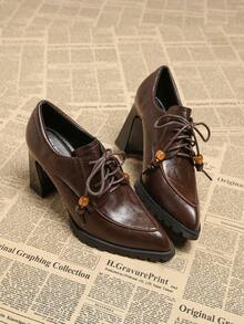 2026 Nuevos zapatos de mujer para primavera, zapatos de piel elegantes y retro con punta puntiaguda, lazo de cuentas, tacón grueso y cuadrado, tacón de pezuña, casual y elegante en negro y burdeos - Burdeos - Ver 5