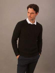 Men's Sweater, Long Sleeve, Ribbed Cotton, ESSENTIAL, Round Neck - 黑色 - 查看 2