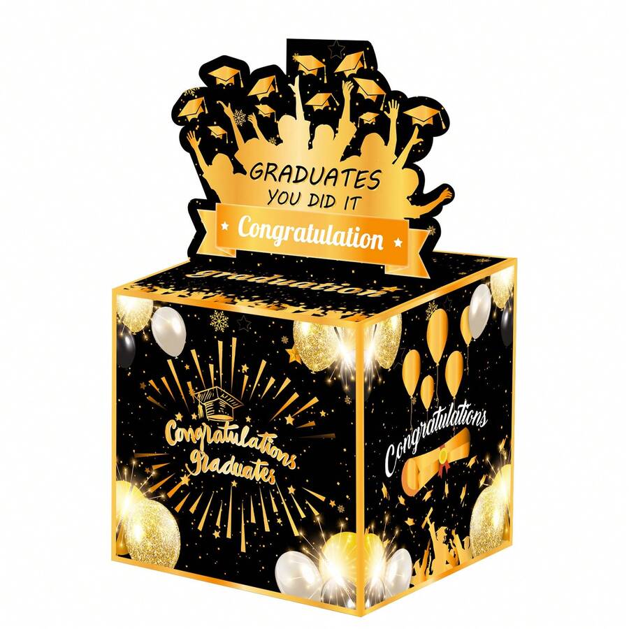 毕业季黑色金色剪影现金礼盒，惊喜存钱罐，透明袋礼品，适合儿童和成人，包含50个透明袋 - 以趣味的方式赠送现金礼物给亲朋好友