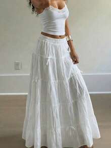 优雅高腰复古蝴蝶结装饰宽松A字裙 - 白色 - 查看 2