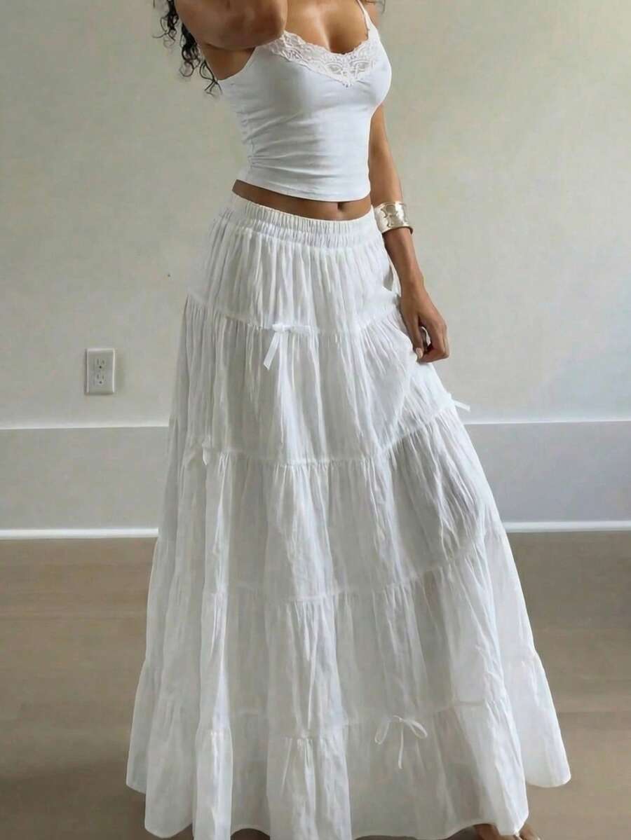 优雅高腰复古蝴蝶结装饰宽松A字裙