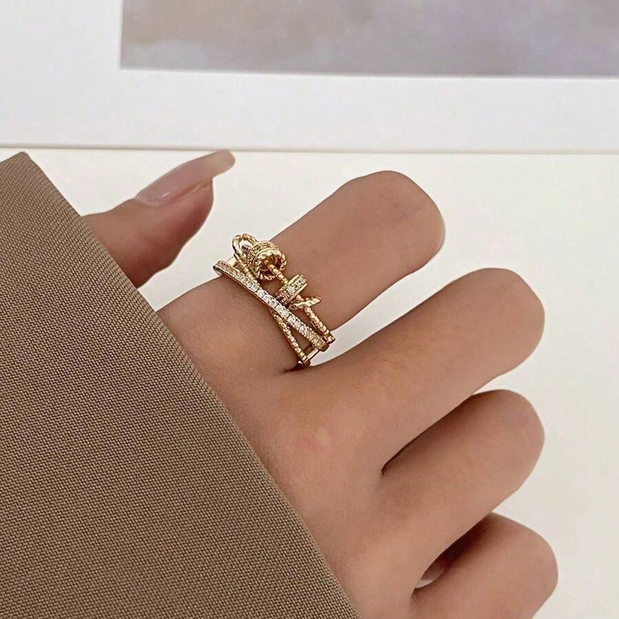 1pc Multi-Layer Rotating Flexible Fidget Ring, Adjustable Open Design With Rhinestones, Casual & Versatile Creative Jewelry Suitable For Daily Wear - 金色 - 查看 1