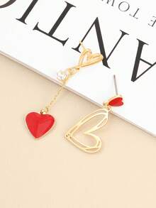 1 Pair Asymmetric Geometric Heart Earrings, Versatile And Elegant For Daily Wear, Weddings, Valentine's Day, Or As Gifts - Red - View 5